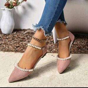 Women Faux Pearl Decor, Point Toe, Ankle Strap Flats, Fashion Faux Suede